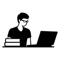 Man with glasses and books works attentively on his laptop device vector