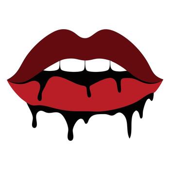 Red lips dripping black liquid create a striking effect on a transparent backdrop vector