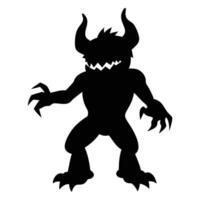Silhouette shows monster with sharp claws and horns standing, a dark fantasy image vector