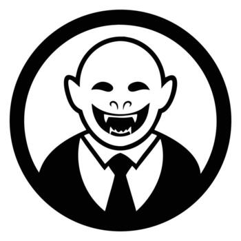 Isolated bald cartoon vampire smiles widely, revealing sharp fangs inside a black circular frame vector