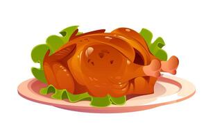 Cartoon roasted turkey with greens served on plate vector