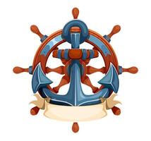 Cartoon steering wheel and ship anchor emblem vector