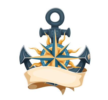 Cartoon wooden steering wheel, ship anchor
