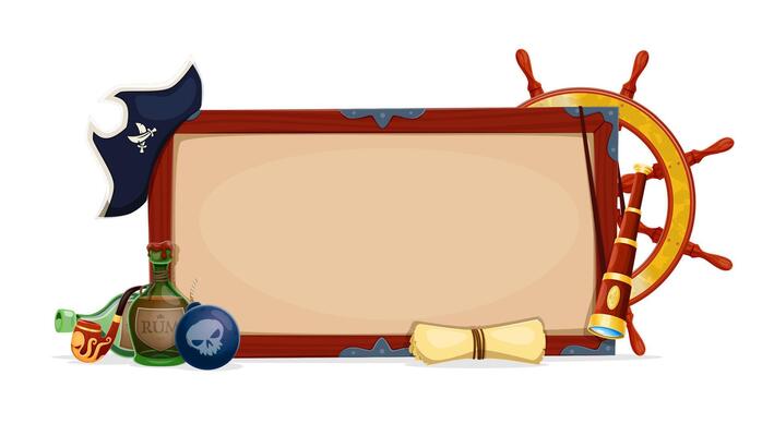Pirate signboard banner, treasure map, hat, wheel