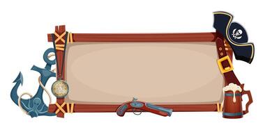 Pirate wood signboard banner with ropes and anchor vector