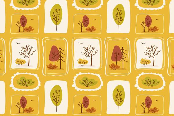 Stylized Autumn Tree Grid Pattern in Yellow Tones. Modern and cheerful grid with cartoon trees in warm yellow, red, and green squares. Clean and decorative for fabric and packaging.