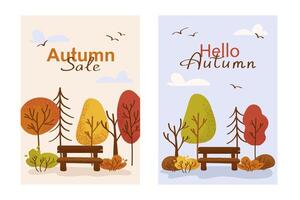 Autumn sale illustrations with trees and benches vector