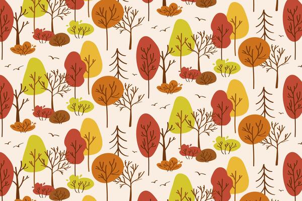 Colorful Autumn Trees and Bushes Forest Pattern.Bright forest landscape pattern with orange, red, and yellow autumn trees, bushes, and birds. Ideal for textiles, wallpapers