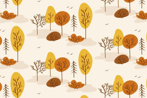 Simple Autumn Trees Pattern. Minimal pattern with stylized autumn trees in orange, yellow, and brown tones. Great for fabric, paper, and wallpapers.