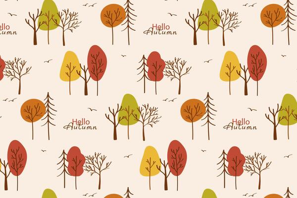 Hello Autumn Pattern with Colorful Cartoon Trees.Whimsical pattern with Hello Autumn lettering, red, yellow, and green trees, ideal for greeting cards and seasonal products.