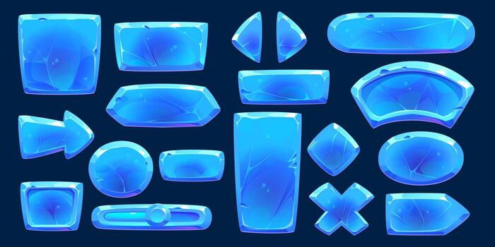 Blue winter ice crystal buttons interface, game UI vector