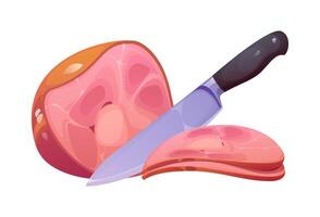 Cartoon ham with slicing knife, cook food process vector