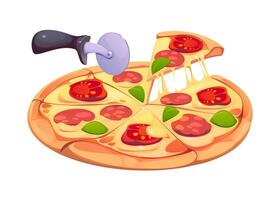 Cartoon pizza with melted cheese, pepperoni slices vector