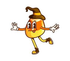 Cartoon groovy Halloween candy corn in witch hat vector