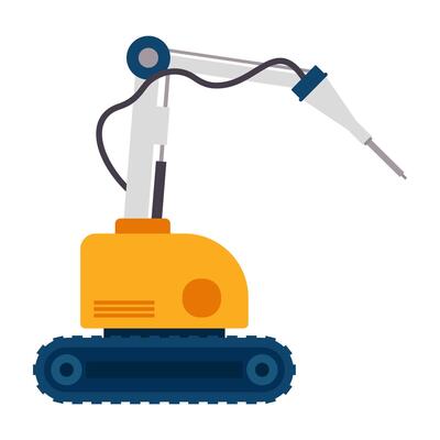 Two sleek robotic arms in vibrant colors operate with precision and grace against a clean, minimalistic background. Industrial automation meets modern design.