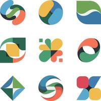Nine modern abstract geometric logo designs featuring overlapping shapes in vibrant and appealing colors vector