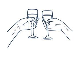 Elegant Hands Holding Glasses - Wine Toast Minimal Line Drawing vector