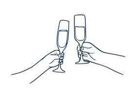 Linear Hand Art - Crossed Hands Toasting with Champagne Glasses vector
