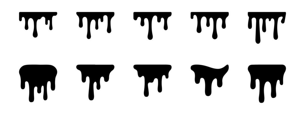 Paint flow icon set. Black dripping oil stain, melt drips, and liquid. illustration.