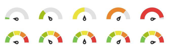 Meter icon set. Feedback rating meter performance concept. Dashboard level tracker. Consumption, filling, quantity scale. Low or full indicator. illustration. vector