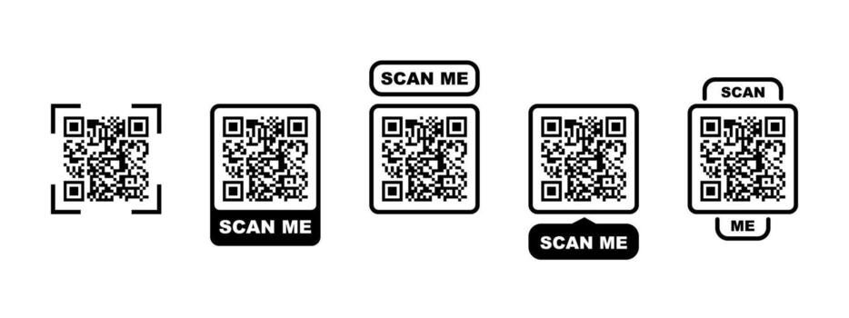 qr código icono colocar. sin efectivo móvil pago señales. exploración código símbolo. pago, compras, seguro, dinero, código de barras, compra código exploración. ilustración. vector