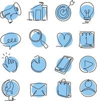A collection of blue line doodle icons representing marketing tools, ideas, communication, and digital interaction. vector