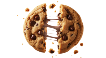 A chocolate chip cookie is broken in half isolated on transparent background png