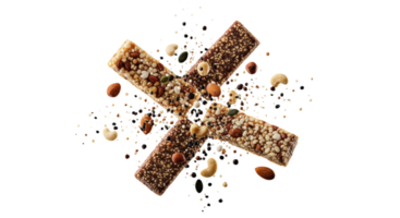 Two granola bars are crossed and isolated on transparent background png