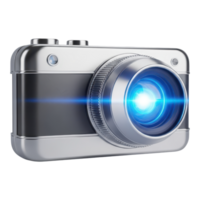 A modern silver digital camera with a blue lens flare isolated on transparent background png