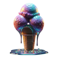 Iridescent ice cream scoops melting in a cone isolated on white isolated on transparent background png
