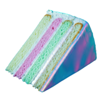 A slice of colorful layered cake with iridescent frosting on transparent background png