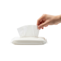 A persons hand pulls a white wet wipe from an open package of cleaning or baby wipes png