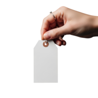 A human hand wearing a ring holds a blank white tag with a reinforced hole against a png
