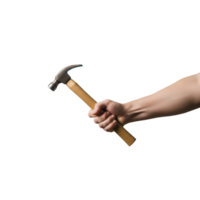 A persons hand firmly grips the wooden handle of a metal hammer poised for use png