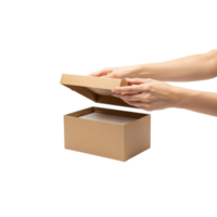 A persons hands open a simple brown cardboard box with a lid revealing contents png