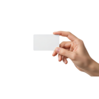 A persons hand is holding a blank white card against a clean transparent png