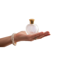A womans hand adorned with a pearl bracelet and ring delicately holds a frosted png