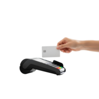 A persons hand is holding a blank white credit card near a payment terminal for a png