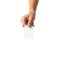 A persons hand wearing a ring holds up a blank white business card against a png