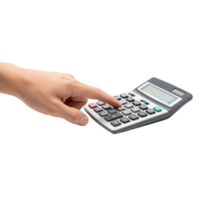 A persons hand is using a calculator pressing a button with their index finger on png