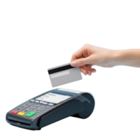 A hand holds a credit card near a pointofsale terminal for a contactless payment png