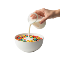 A hand pours milk from a glass jug into a white bowl filled with colorful crunchy png