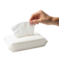 A persons hand pulling a wet wipe from a package of cleaning wipes on a transparent png