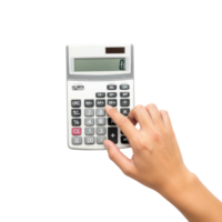 A persons finger presses a button on a white calculator with a digital display png