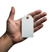 A persons open palm holds a blank white rectangular tag with a small grommet hole png