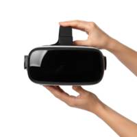 A persons hands are holding a black and white virtual reality headset against a png