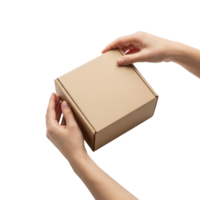 Two hands are carefully handling and securing a small brown cardboard box png