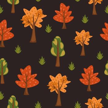 Autumn forest seamless pattern with stylized trees on the dark background. vector