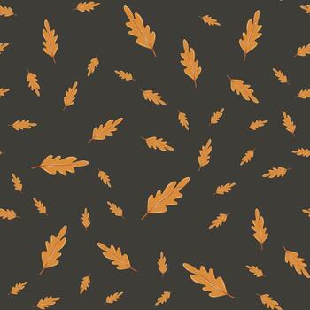 Autumn seamless pattern with yellow oak leaf on the deep grey background. vector