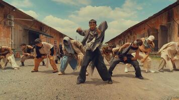 A dynamic dance performance featuring a group of dancers in an outdoor setting with rustic buildings. The lead dancer is in motion, showcasing energy and expression, while others follow suit video